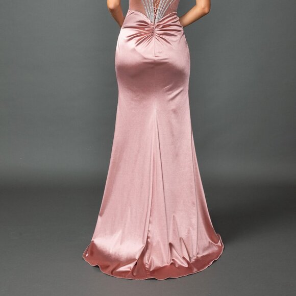 New Beads Embellished Prom Satin Dress w/ Gathered Waist & Lace Up Back DQ 4538 - Picture 9 of 9